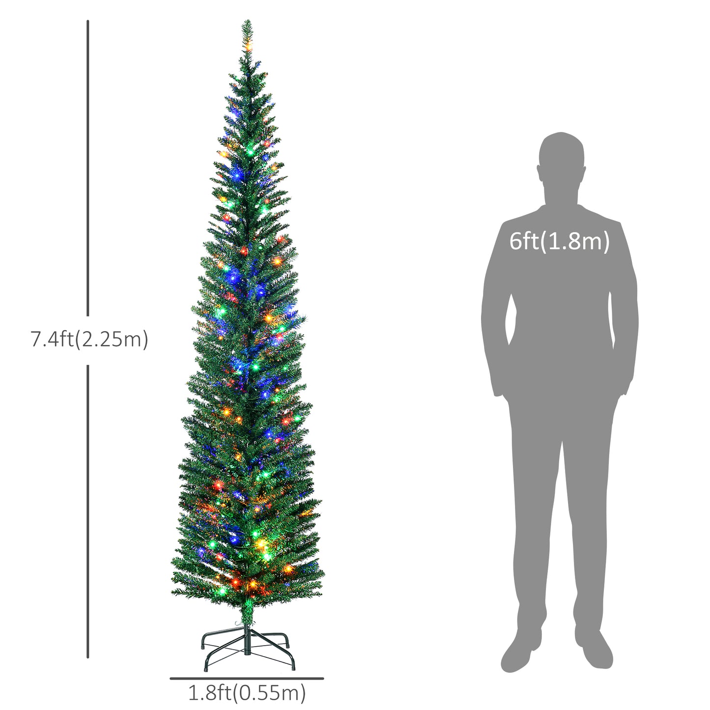 7.5' Artificial Pencil Christmas Trees Holiday Decoration with Colourful LED Lights, Steel Base, Skinny Shape Pencil Christmas Trees   at Gallery Canada