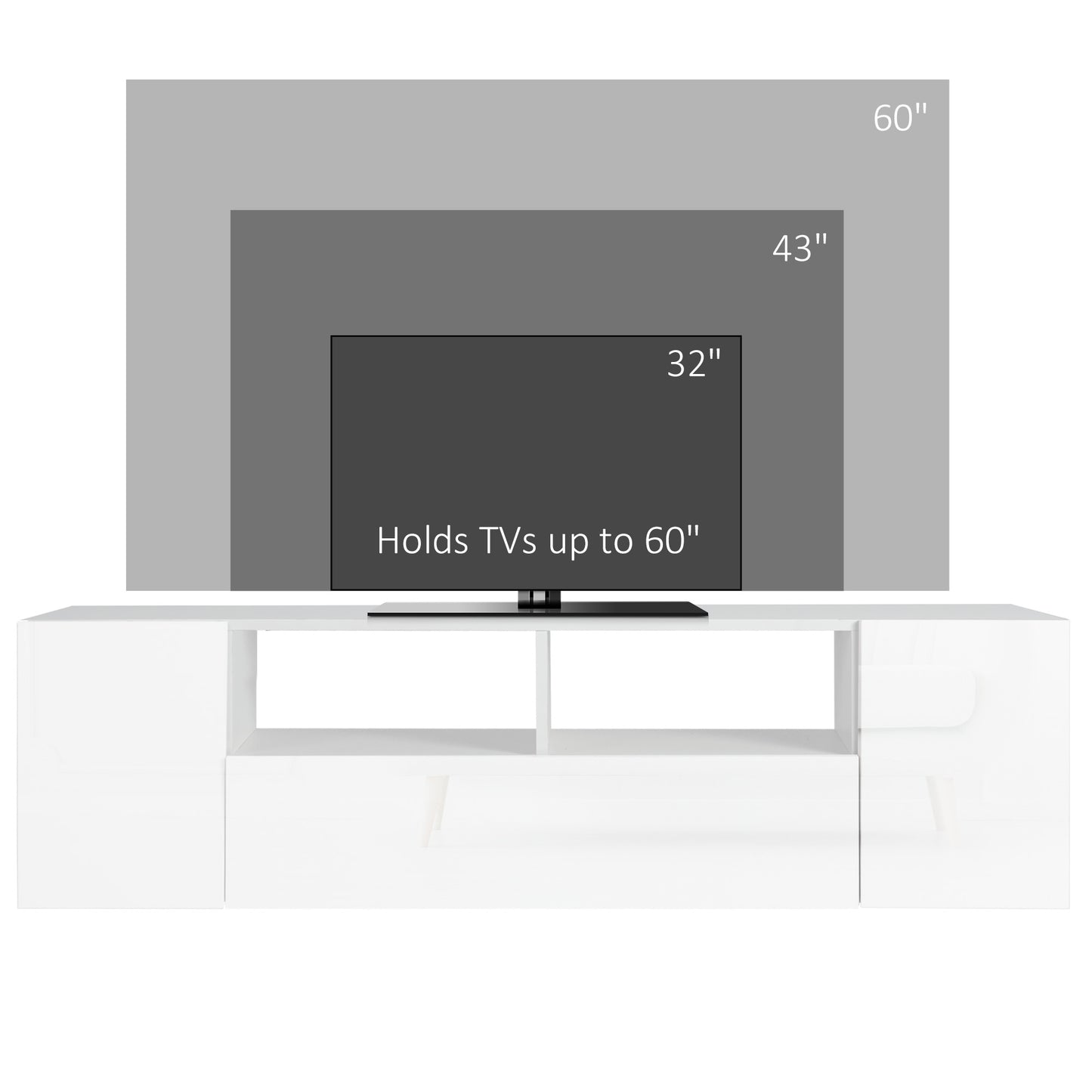 TV Stand for TVs up to 60", TV Unit with LED Lights, Storage Shelves and Cupboards, 53.9" x 13.8" x 16.5", White TV Stands   at Gallery Canada