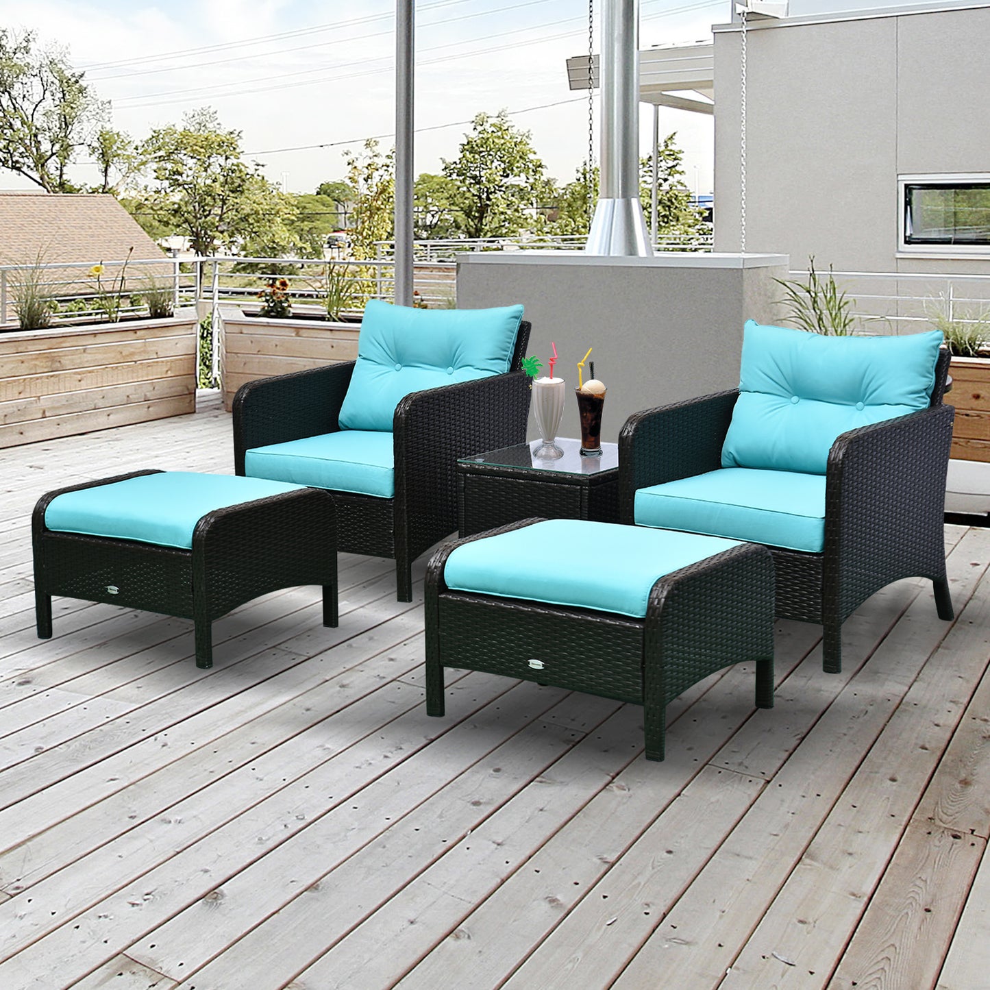 5-Piece Wicker Patio Sofa Set with Cushions, Armchairs, Footstools, Table, Light Blue Patio Furniture Sets   at Gallery Canada