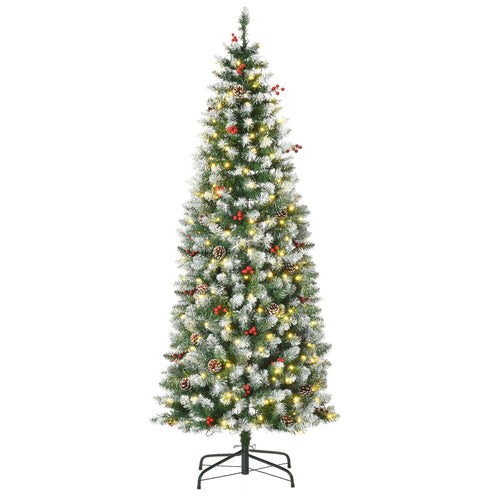 6 ft Snow-Dipped Pencil Christmas Tree Pre-Lit Holiday Decoration with LED Lights Pine Cones Red Berries Green