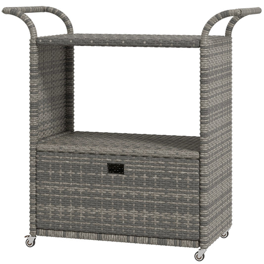 Patio PE Wicker Garden Serving Cart with 2-Tier Shelf, Outdoor Wheeled Rattan Food Cart with Drawer, Handles, for Poolside, Garden, Mixed Grey - Gallery Canada