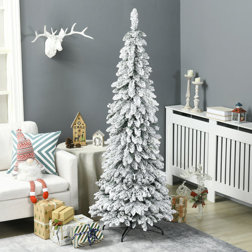 6' Artificial Slim Flocked Christmas Trees, with Snow Frosted Branches, Downswept Shape, Steel Base, Green