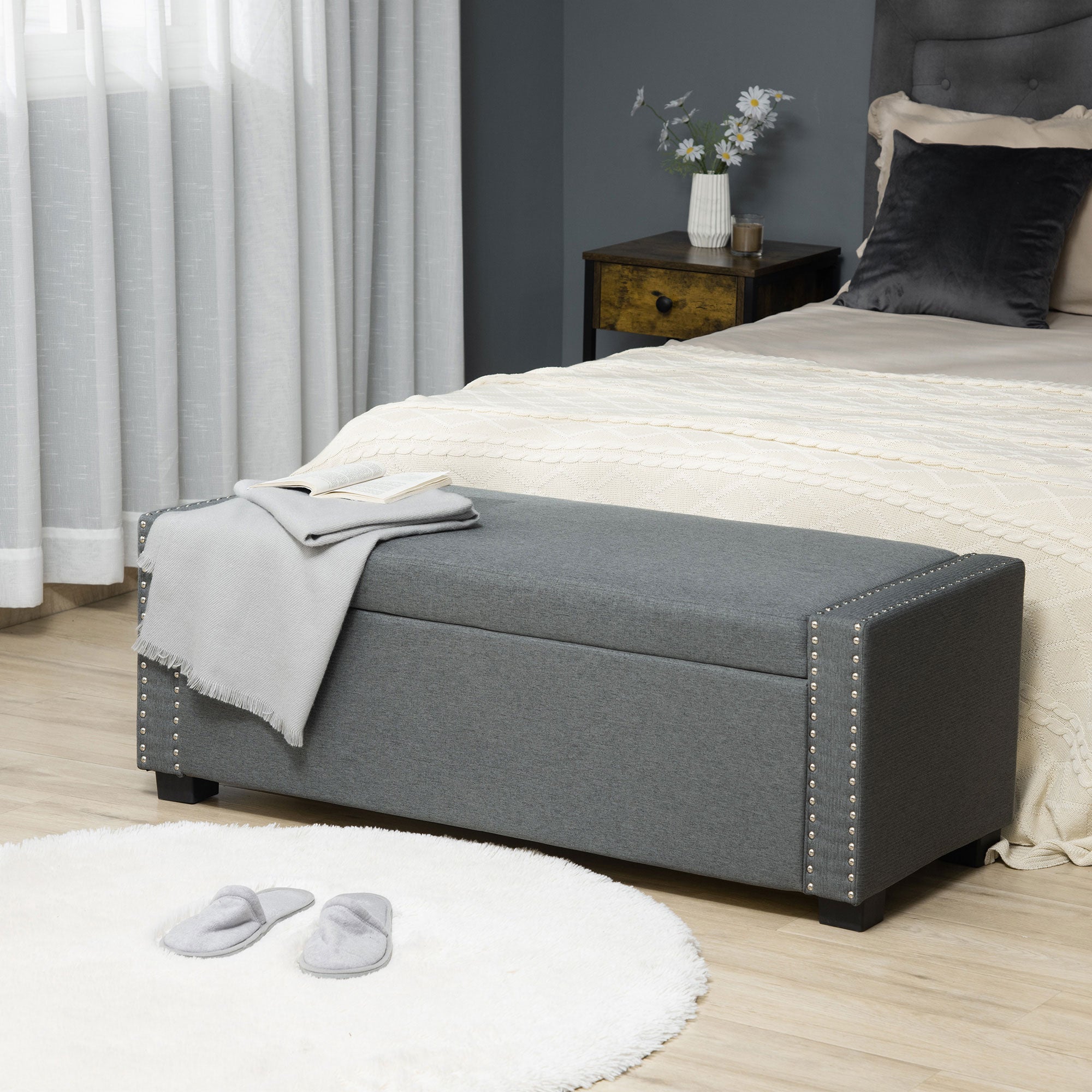 Upholstered Flip Top Storage Bench Fabric Ottoman for Bedroom, Living room, Light Grey Storage Ottomans & Benches   at Gallery Canada