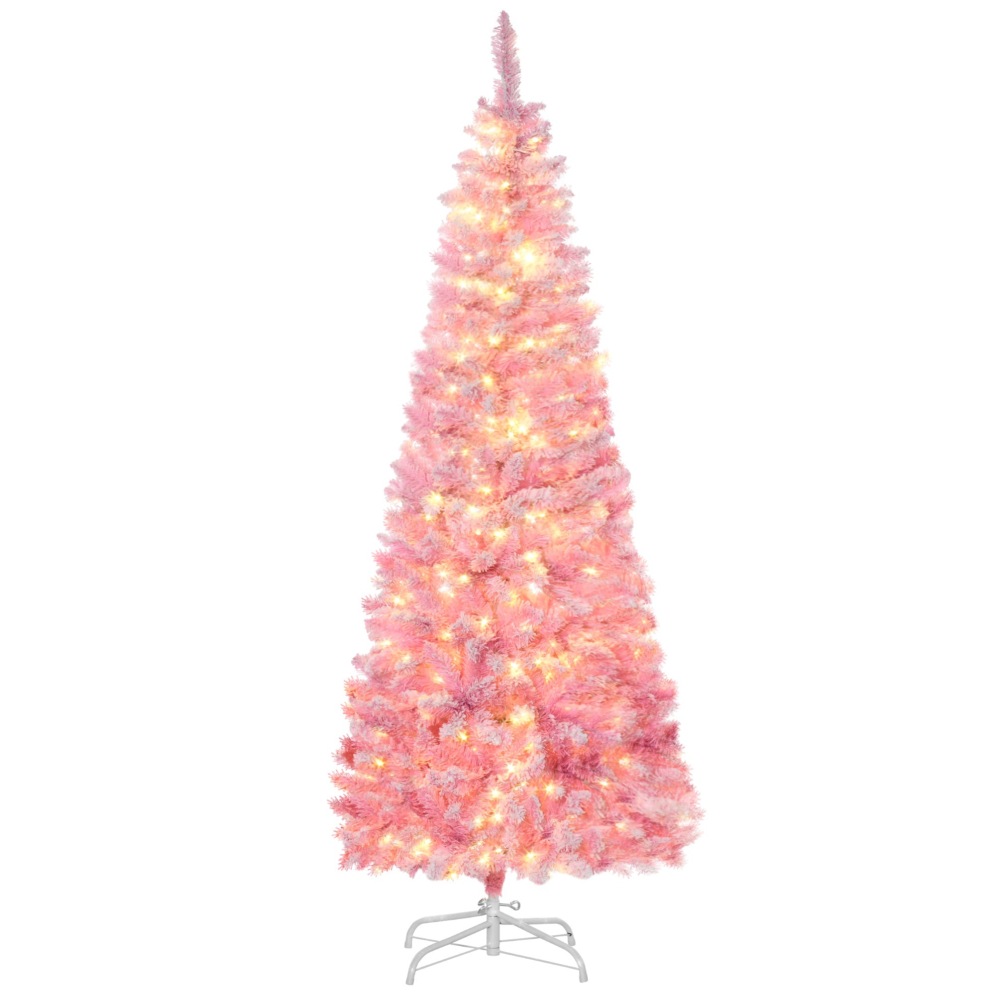 6 Foot Prelit Snow Flocked Artificial Christmas Tree with Pencil Shape, 500 Pine Realistic Branches, Warm White LED lights, Auto Open, Pink and White Pre Lit Christmas Trees Pink  at Gallery Canada