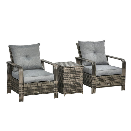 3 Pieces Patio Bistro Set, PE Rattan Garden Sofa Set with 2 Padded Chairs 1 Storage Table, Grey - Gallery Canada