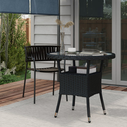 Φ31.5" Outdoor Wicker Dining Table, PE Rattan Patio Furniture with 2-Tier Storage Shelf, Metal Frame Round Garden Table with Glass Top Table, Black Patio Dinning Tables   at Gallery Canada