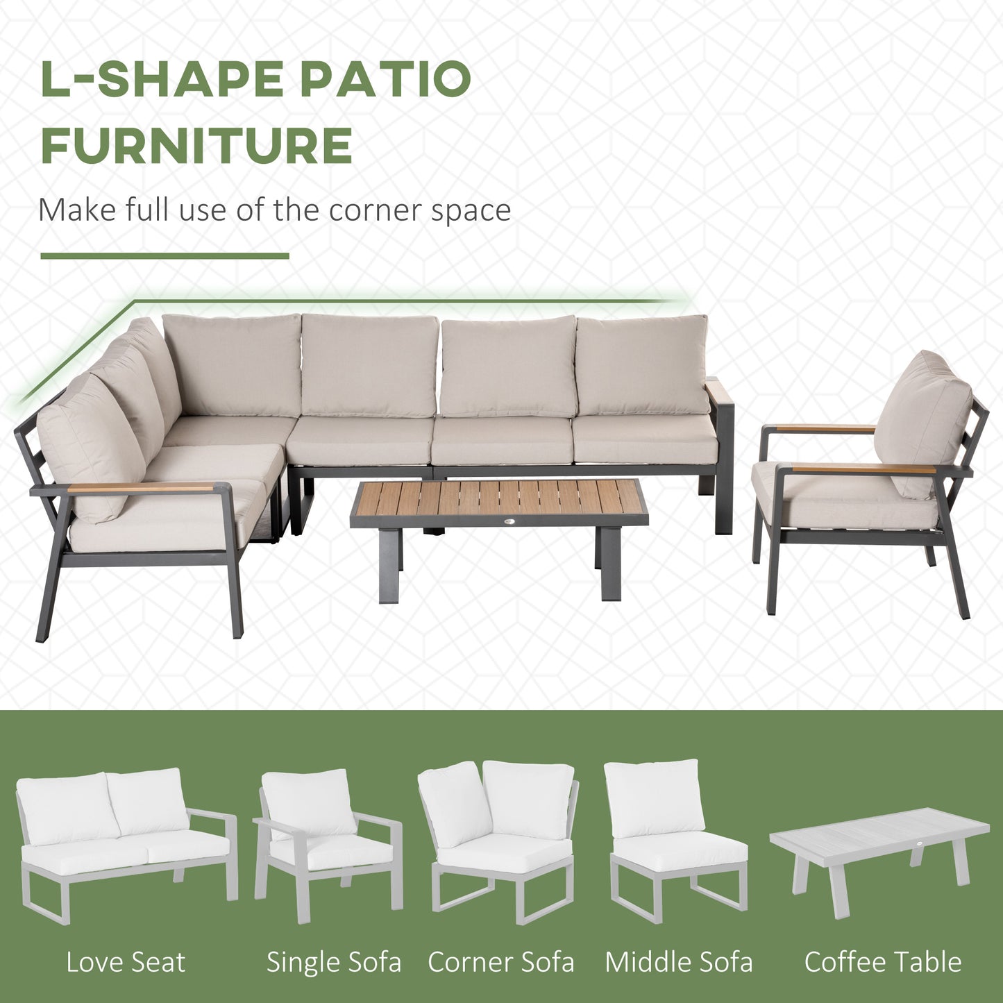 Aluminium 6-Piece L-Shaped Patio Furniture Set with Teak Coffee Table, Cream Patio Furniture Sets   at Gallery Canada