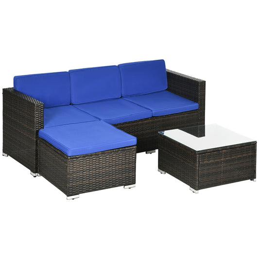 3 Pieces Patio Furniture Set with Cushions, Outdoor PE Rattan Wicker Conversation Corner Sofa Set with Glass Top Table and Adjustable Foot for Garden, Lawn, Blue - Gallery Canada