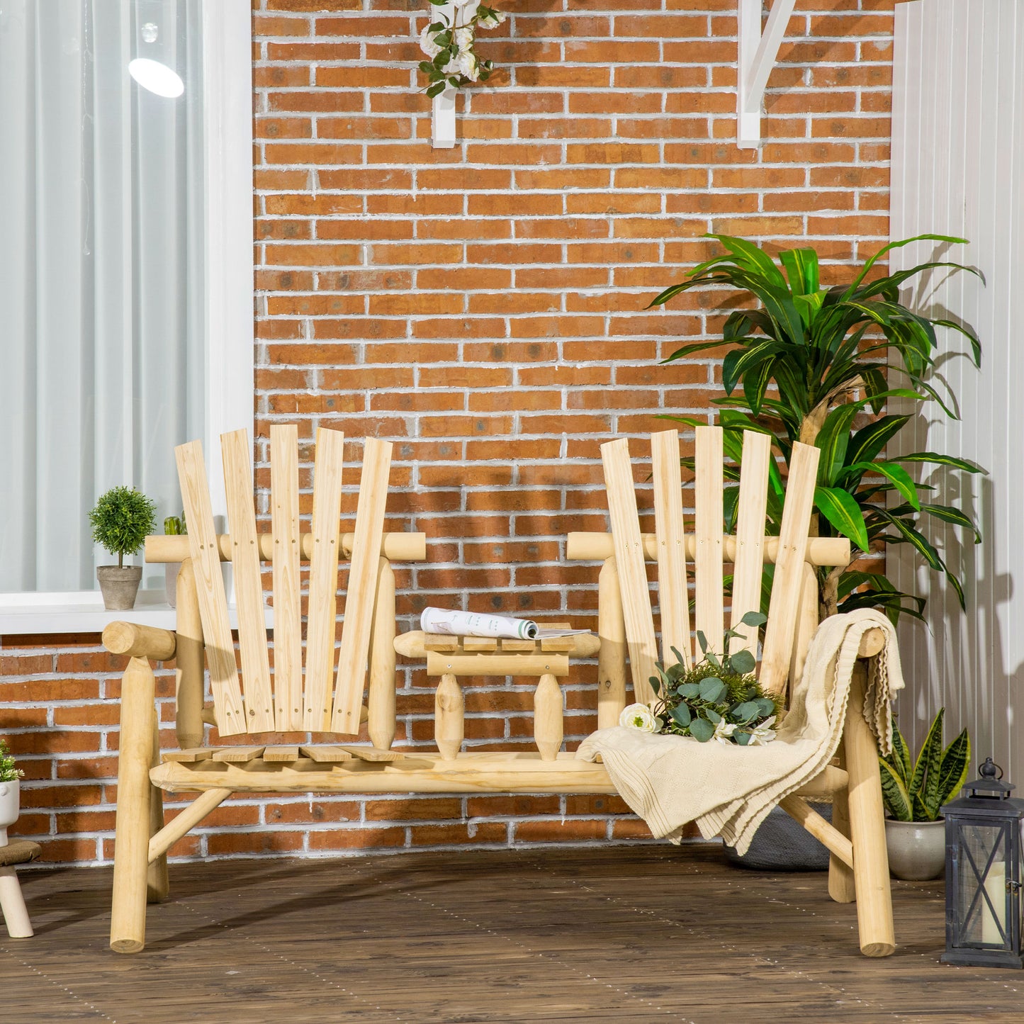 Wood Adirondack Patio Chair Bench with Center Coffee Table, for Lounging and Relaxing Outdoors Natural Outdoor Benches   at Gallery Canada