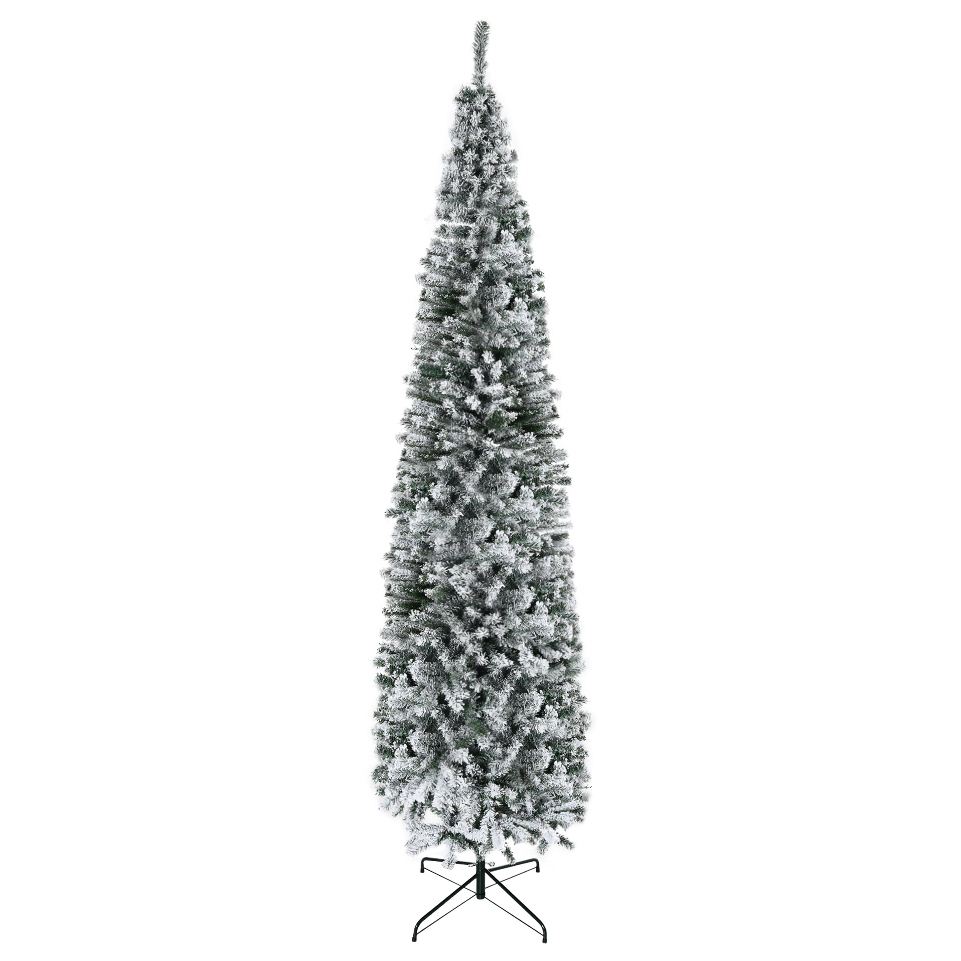 9ft Snow Flocked Pencil Christmas Tree Artificial Slim Xmas Tree with Realistic Branch Tips Folding Metal Stand Pencil Christmas Trees Green  at Gallery Canada