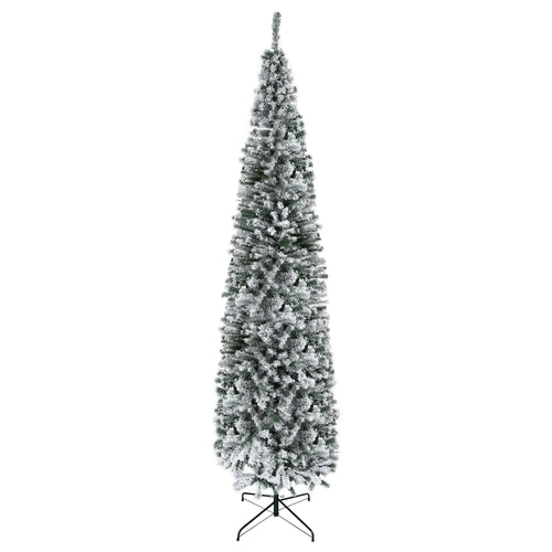 9ft Snow Flocked Pencil Christmas Tree Artificial Slim Xmas Tree with Realistic Branch Tips Folding Metal Stand