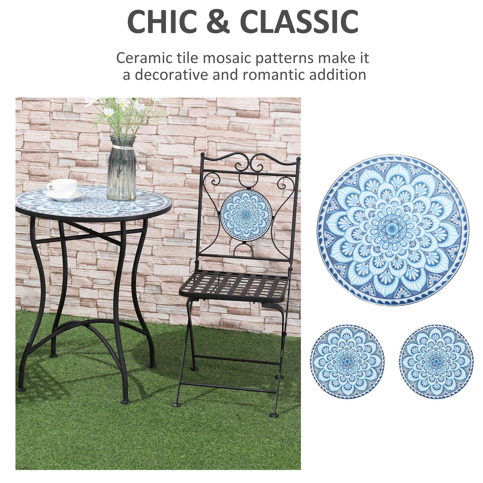 3-Piece Outdoor Bistro Set Garden Coffee Table Set with Mosaic Top for Patio, Balcony, Poolside, Black Bistro Sets   at Gallery Canada