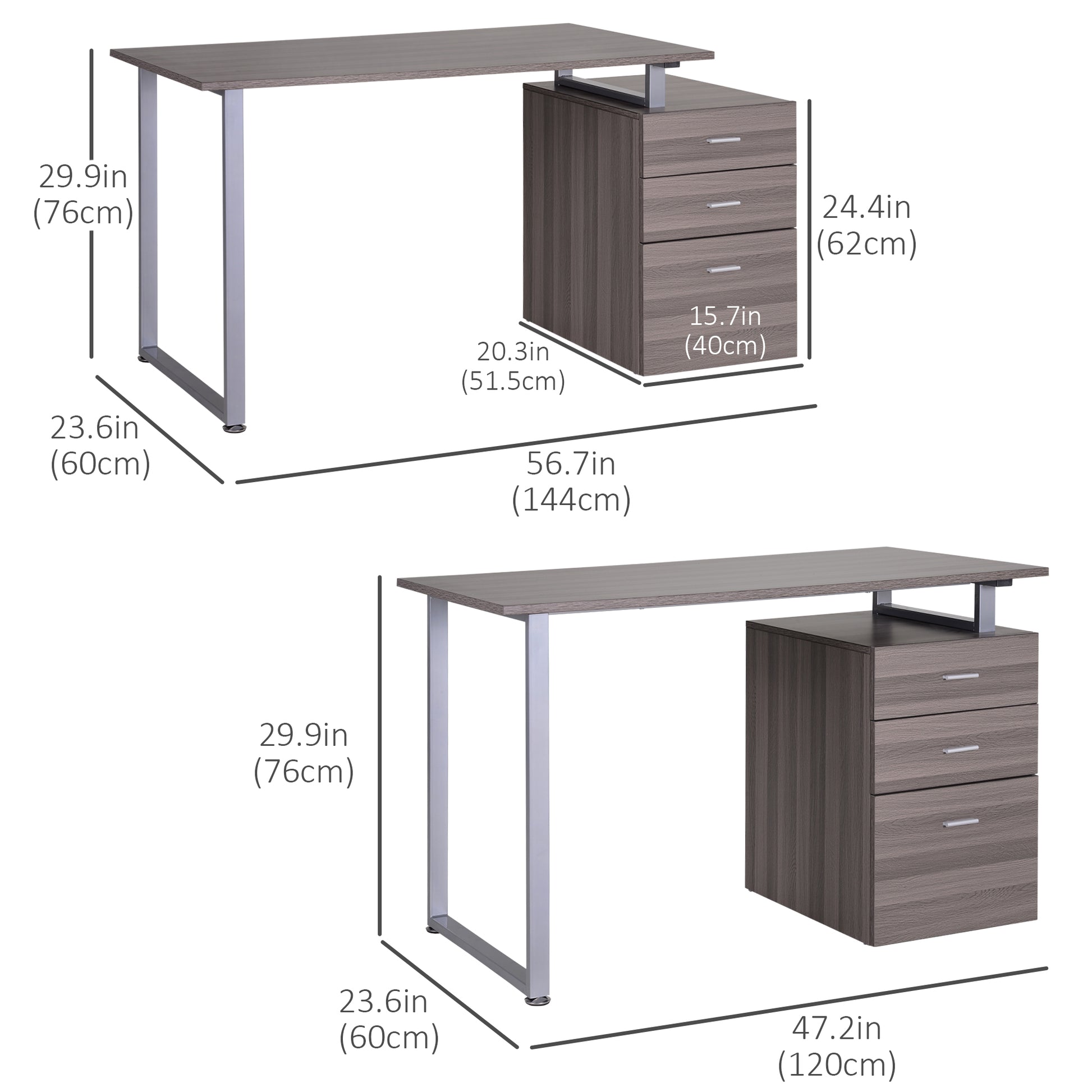 47" L Computer Desk Writing Table Workstation with Multi-Use Reversible File Drawers Metal Frame Home Office Furniture, Dark Wood Grain Writing Desks Multi Colour  at Gallery Canada