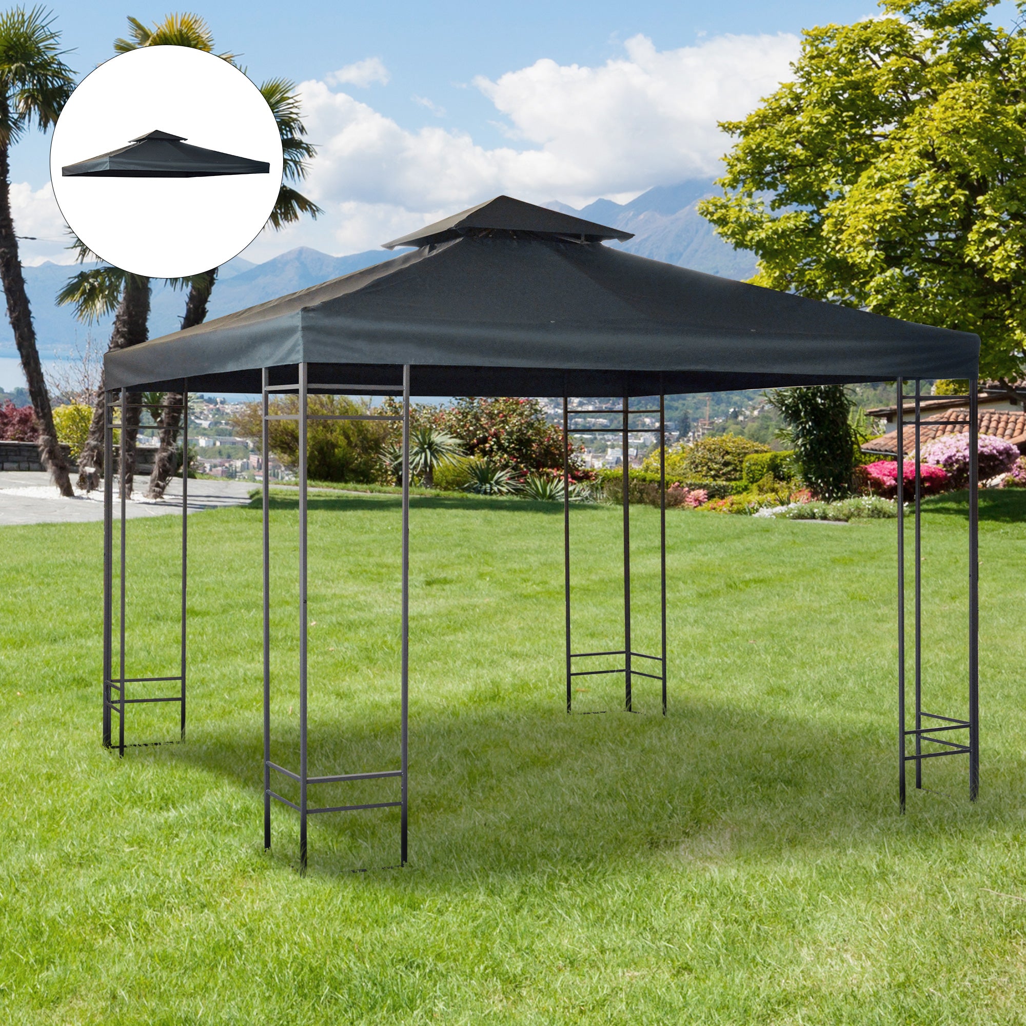 9.8' x 9.8' Square 2-Tier Gazebo Canopy Replacement Top Cover Outdoor Garden Sun Shade, Charcoal Grey Gazebo Canopy Replacement   at Gallery Canada