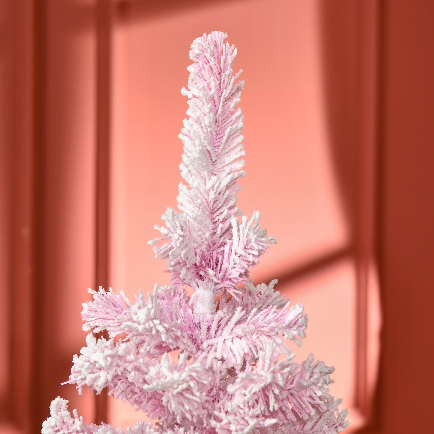 5 FT Snow Flocked Artificial Christmas Tree, Pencil Xmas Tree with Realistic Branches, Auto Open and Steel Base, Pink Artificial Christmas Trees   at Gallery Canada