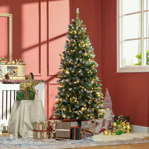 6' Decorated Christmas Trees, Prelit Artificial Christmas Tree with Snow-dipped Branches, Auto Open, Pinecones, Green