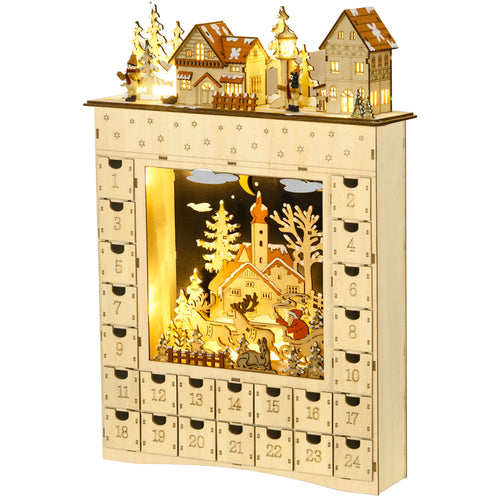 Christmas Advent Calendar, Wooden Countdown to Christmas Table Decoration with 24 Drawers, Lights, Battery Operated