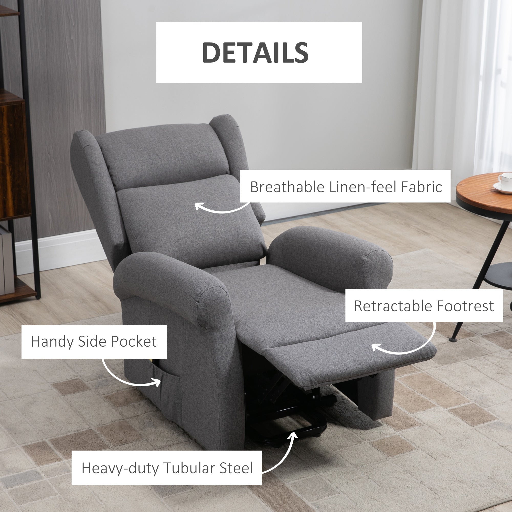 Wingback Lift Chair for Elderly, Power Chair Recliner with Footrest, Remote Control, Side Pockets, Grey Electric Power Lift Chairs   at Gallery Canada