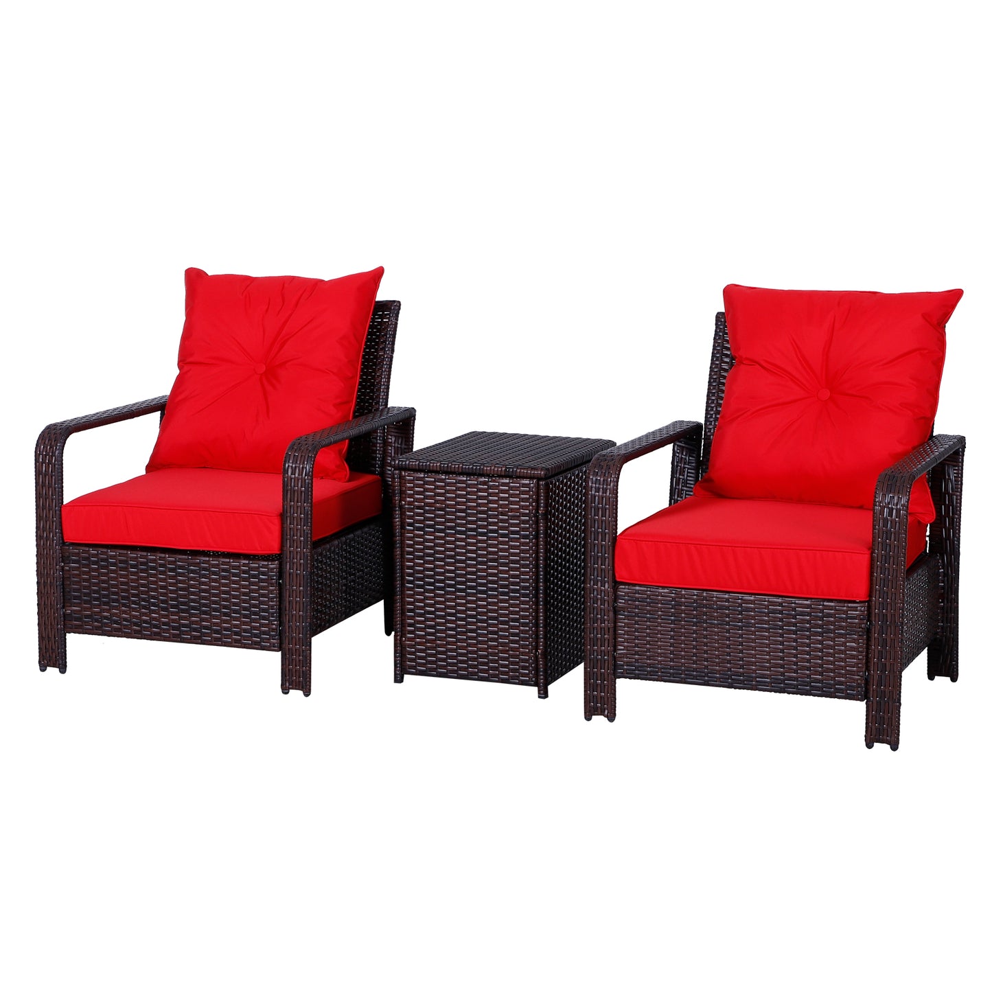 3 Pieces Patio Bistro Set, PE Rattan Garden Sofa Set with 2 Padded Chairs 1 Storage Table, Red Bistro Sets Mixed Brown  at Gallery Canada