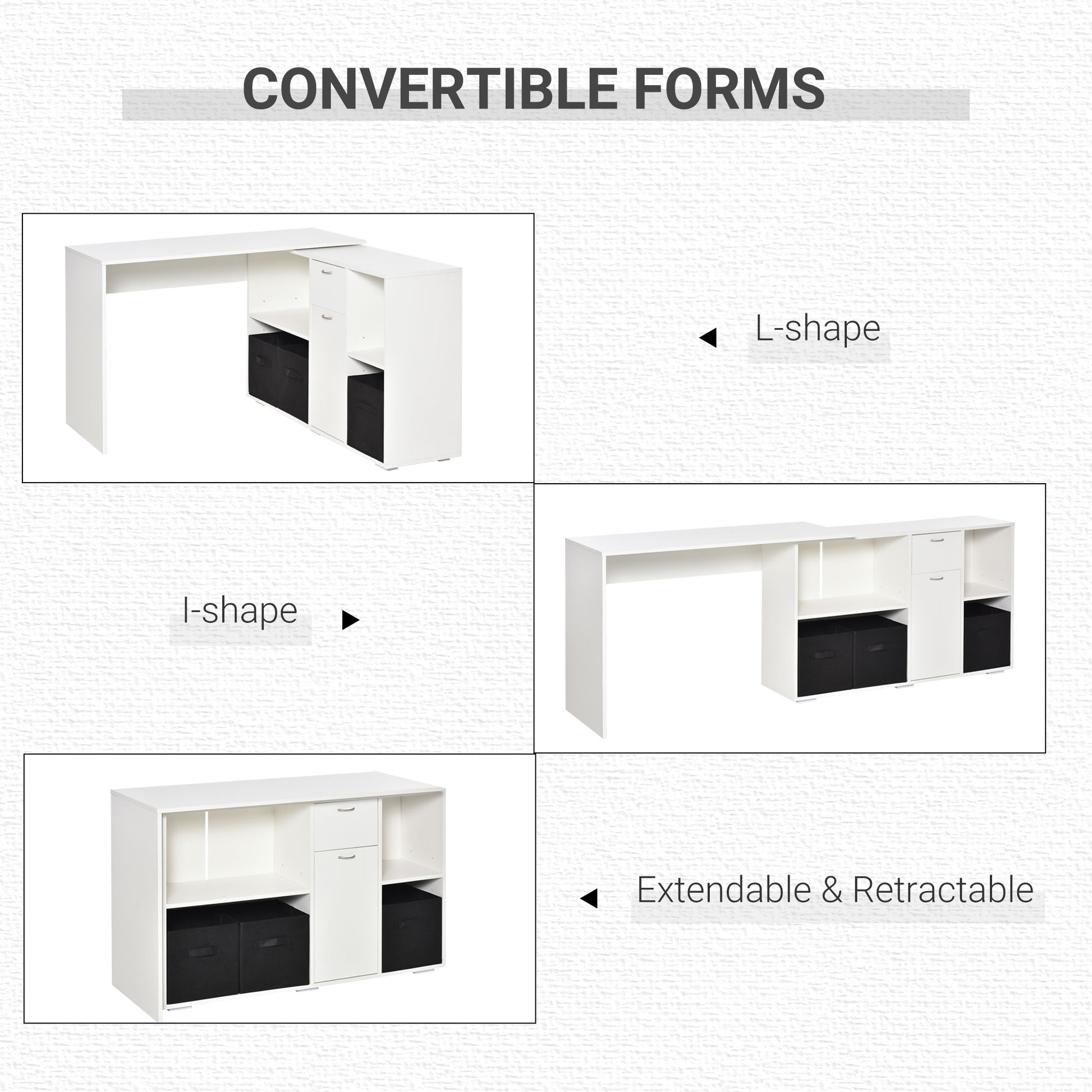 Convertible L-Shaped Computer Desk, Corner Table wth 3 Fabric Storage Boxes, Retractable Home Office Desk, White Writing Desks   at Gallery Canada