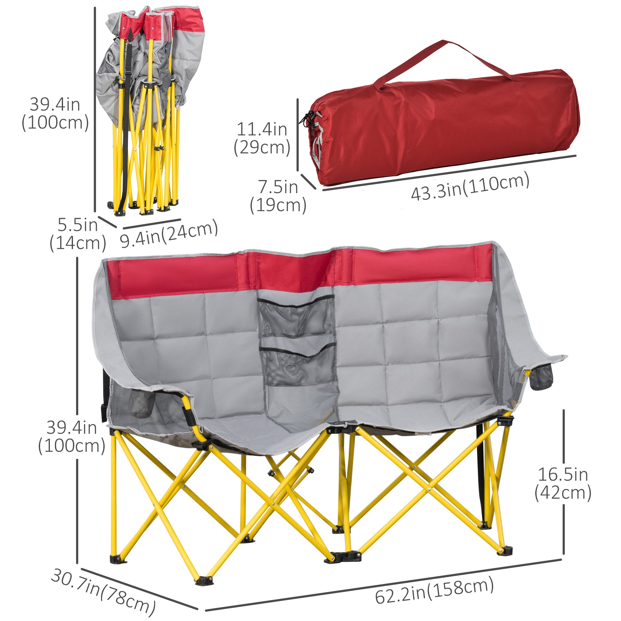 Compact Double Seat Camping Chair with Storage Pocket & Cup Holder, Red Picnic Tables & Camping Chairs   at Gallery Canada