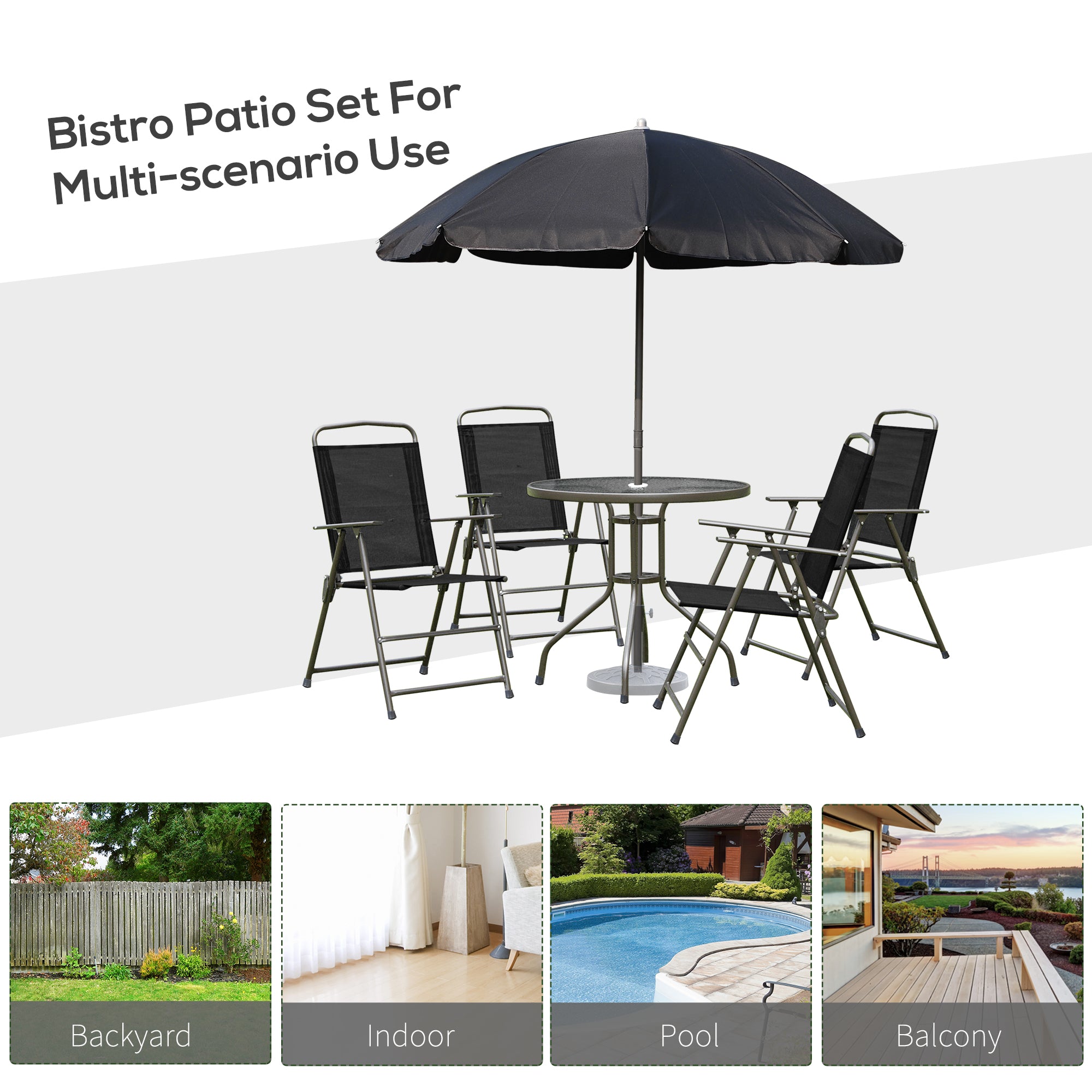 6 Pieces Outdoor Dining Set for 4 with Umbrella Patio Outdoor Furniture Set with Round Table 4 Folding Chairs Black Outdoor Dining Sets   at Gallery Canada