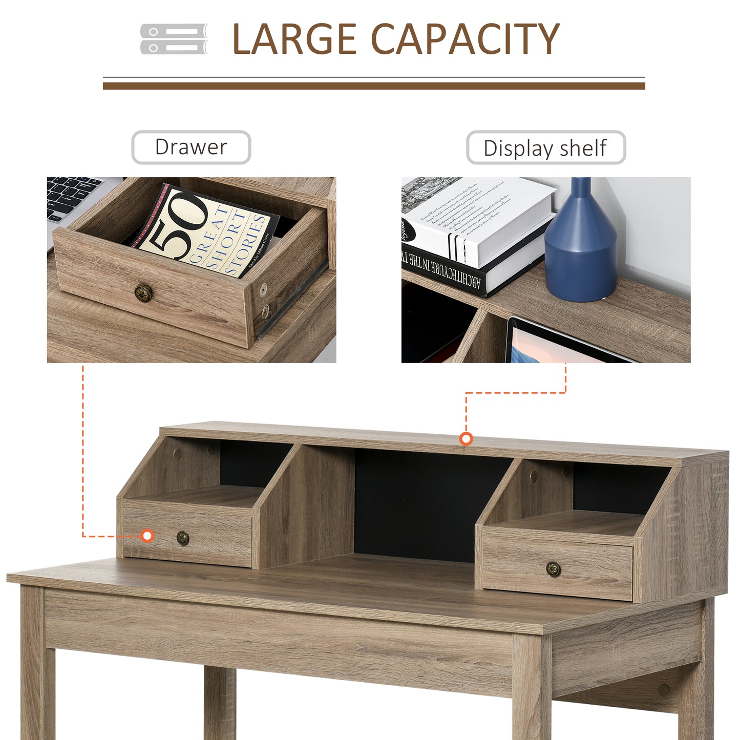 Rectangle Computer Desk with Display Shelves Drawers Home Office Table Workstation Natural Wood Grain Computer Desks   at Gallery Canada