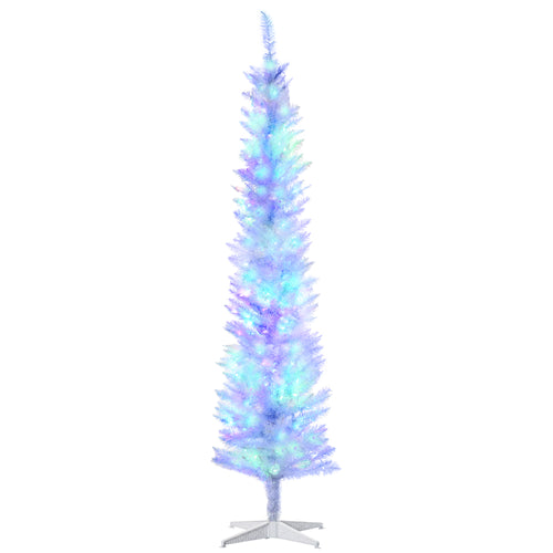 7' Prelit Christmas Trees, Pencil Artificial Christmas Tree with Colourful Surface Tips, Colourful LED Lights, White