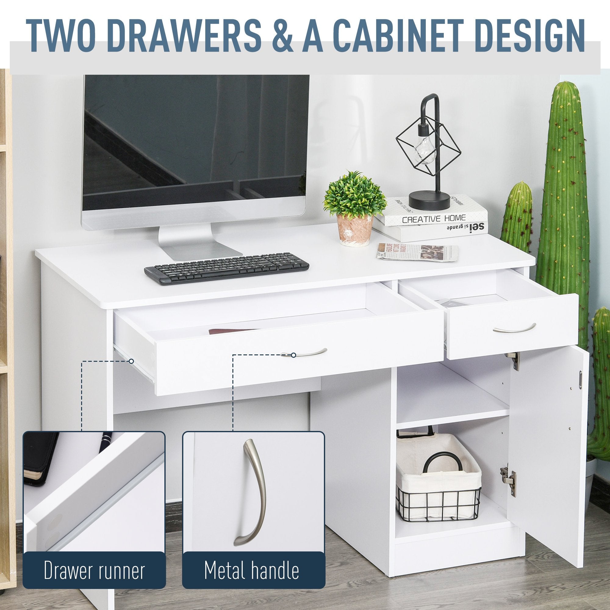 Computer Desk with Storage Drawers, Study Writing Table with Cabinet Adjustable Shelf for Home Office Workstation Bedroom, White Writing Desks   at Gallery Canada