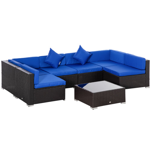 7 Pieces Outdoor Rattan Furniture Set, Patio Wicker Sectional Conversation Sofa Set, Blue