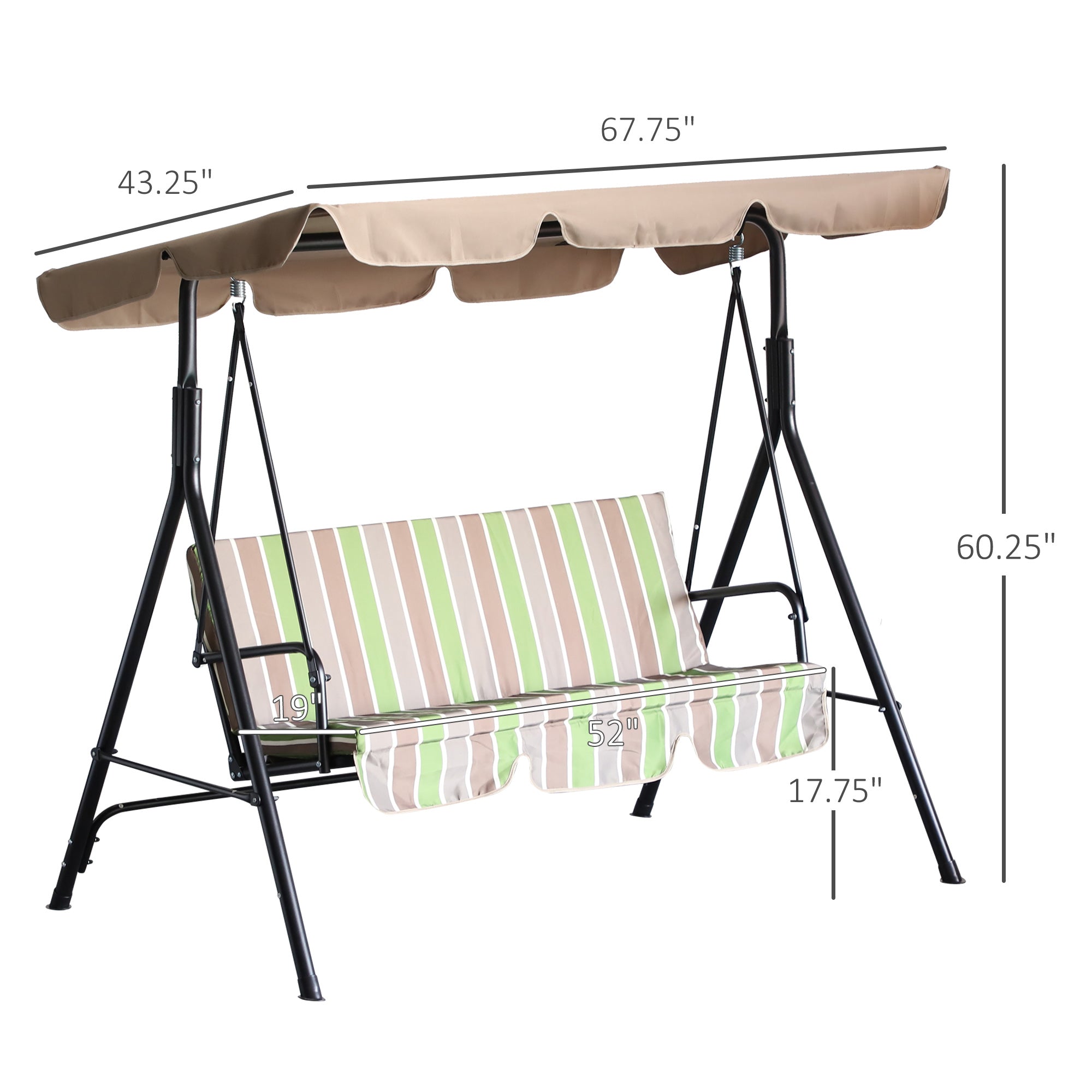 3-Seat Outdoor Swing Chair with Adjustable Canopy, Removable Cushion, Weather-Resistant Frame, Green Stripes Patio Swings with Stand   at Gallery Canada