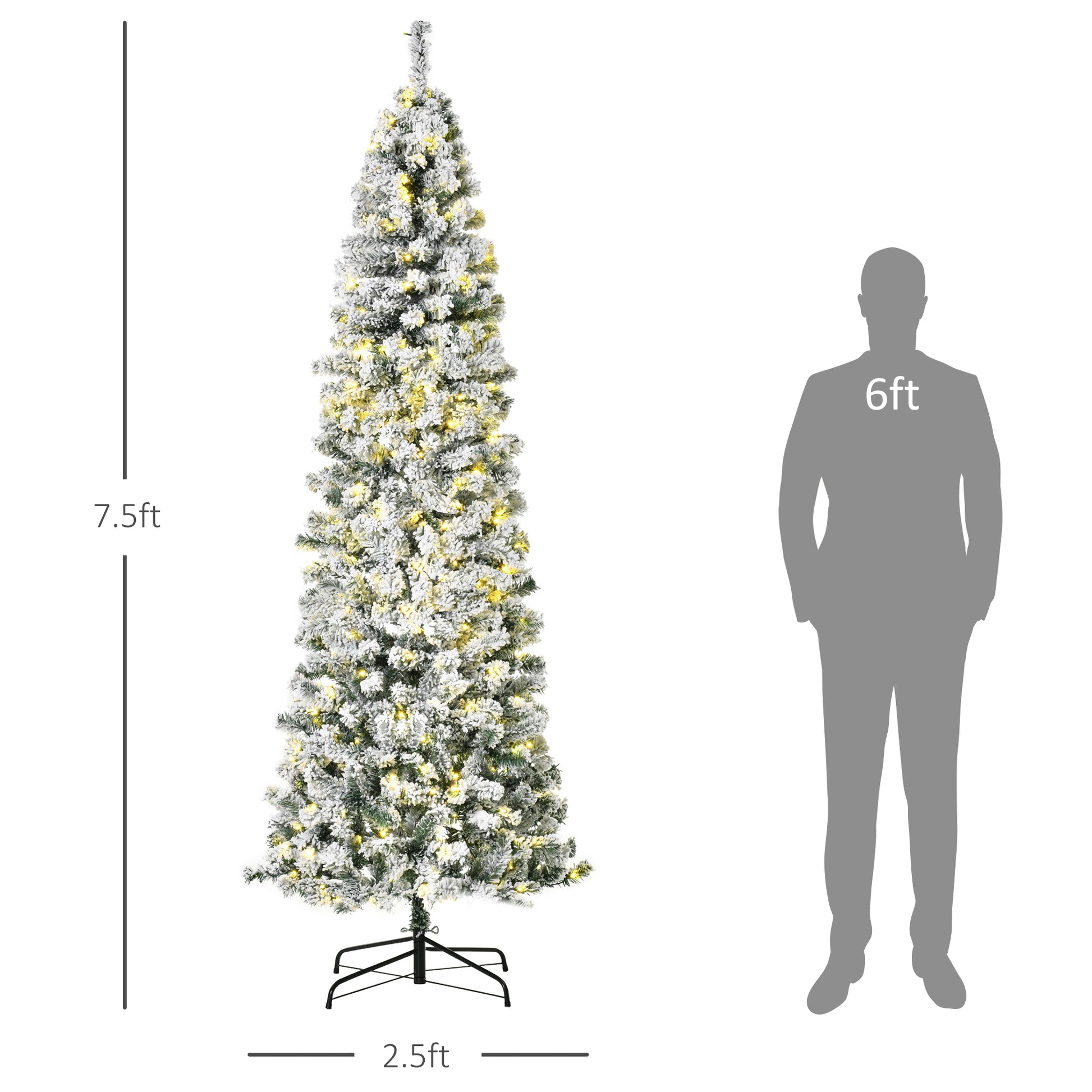 7.5 Feet Christmas Tree Prelit Artificial Snow Flocked with Warm White LED Light, Holiday Home Xmas Decoration, Green White Pre Lit Christmas Trees   at Gallery Canada