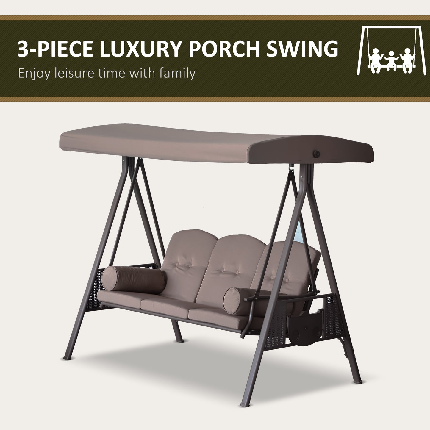 3 Seater Porch Swing Heavy Duty Outdoor Swing Chair Outdoor Lounge Hammock Cushioned Seat W/ Tilt Canopy, Brown Patio Swings with Stand   at Gallery Canada