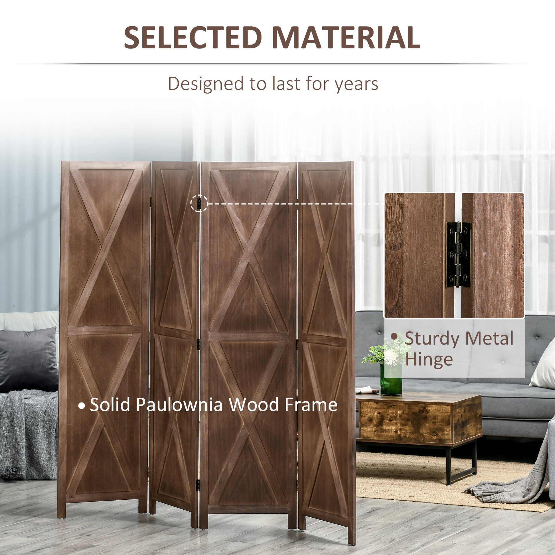 4-panel Wall Partition Farmhouse Room Separator with Foldable Design Wooden Frame 5.6FT, Walnut Room Dividers   at Gallery Canada