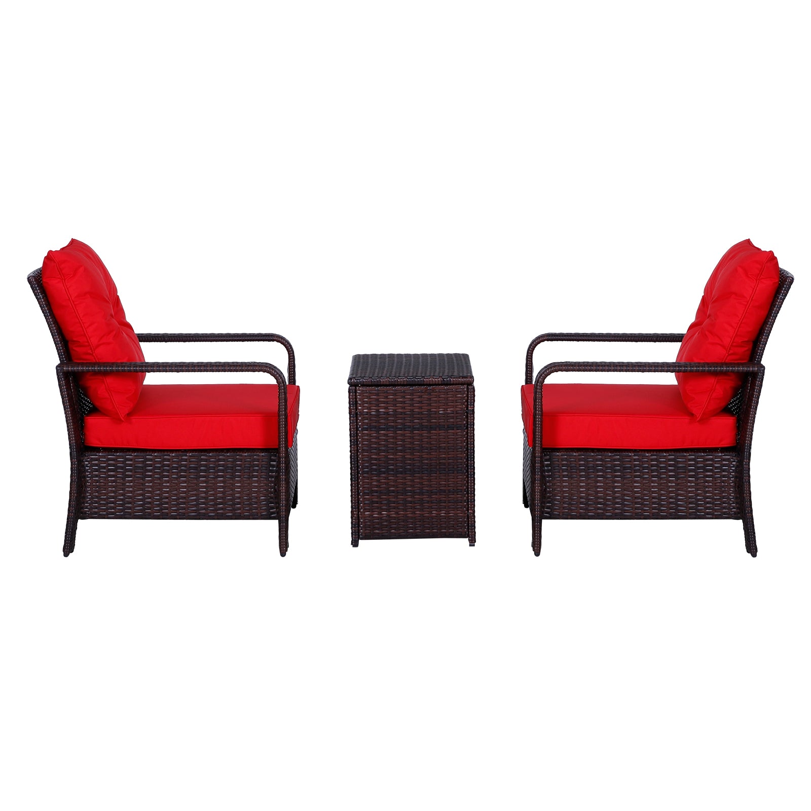 3 Pieces Patio Bistro Set, PE Rattan Garden Sofa Set with 2 Padded Chairs 1 Storage Table, Red Bistro Sets   at Gallery Canada