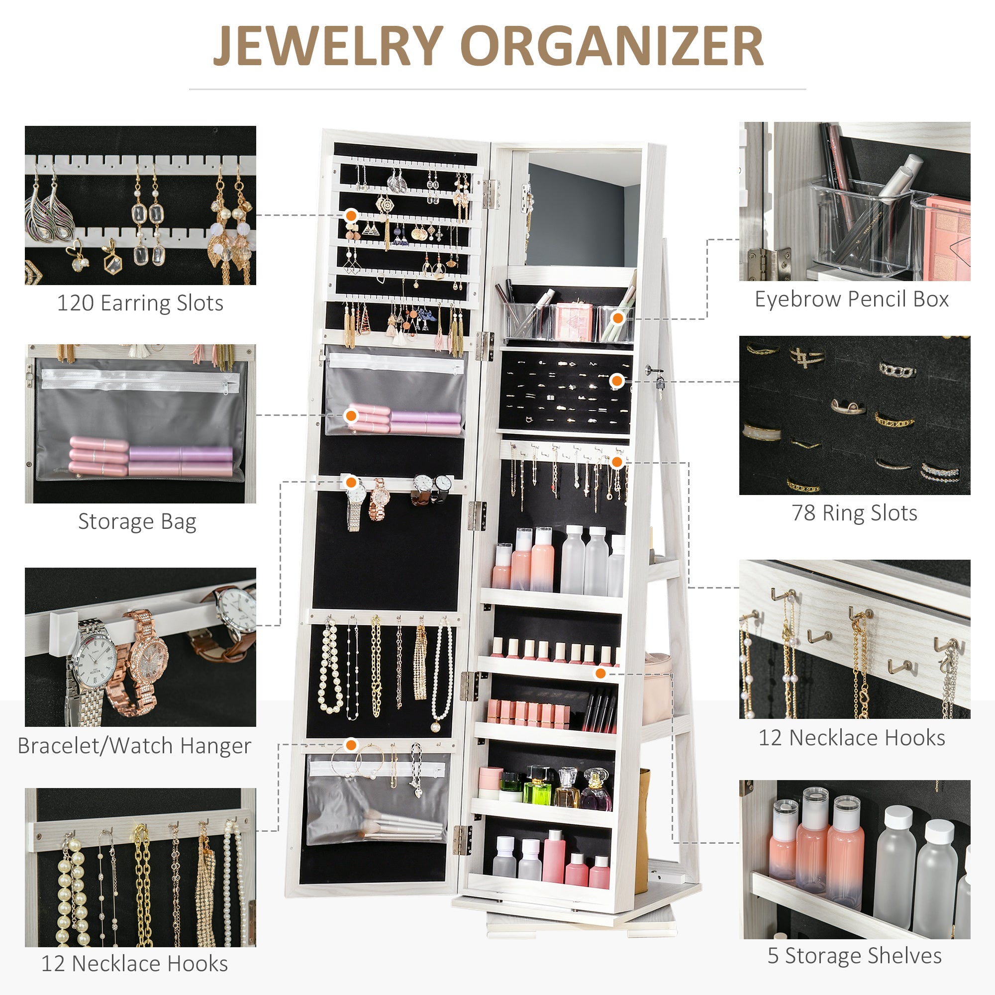 360° Swivel Jewelry Cabinet, Mirror Armoire, Full Length Mirror, Lockable Jewelry Organizer with Built-In Small Mirror, White Jewelry Armoire & Jewellery Mirror Cabinets   at Gallery Canada