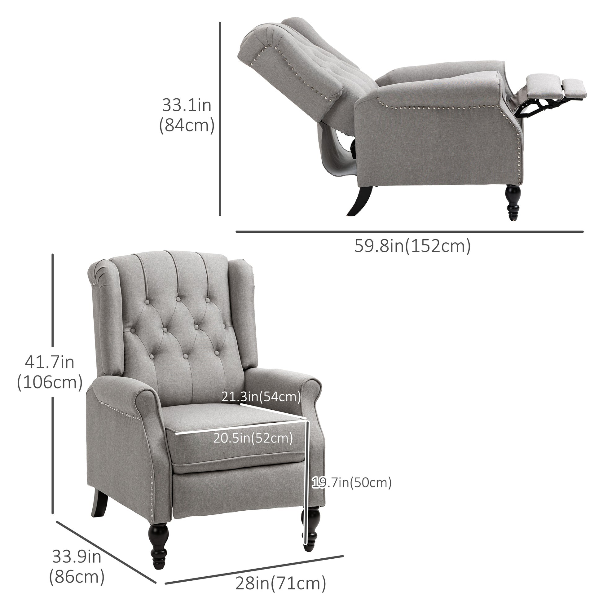 Wingback Reclining Chair with Footrest, Button Tufted Recliner Chair with Rolled Armrests for Living Room, Light Grey Single Sofas Light Grey  at Gallery Canada