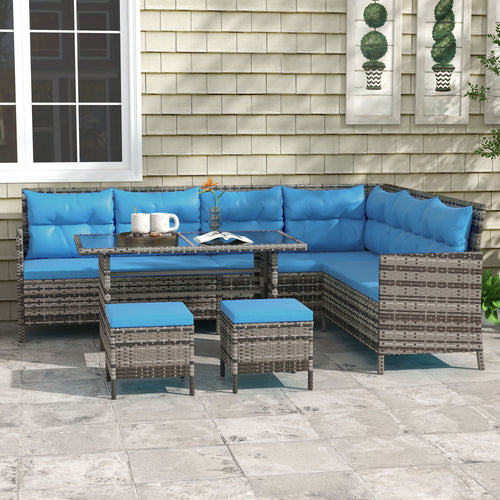 6pcs Outdoor Rattan Sofa Set Garden Wicker Sectional Couch Furniture Set with Dining Table and Chair Blue