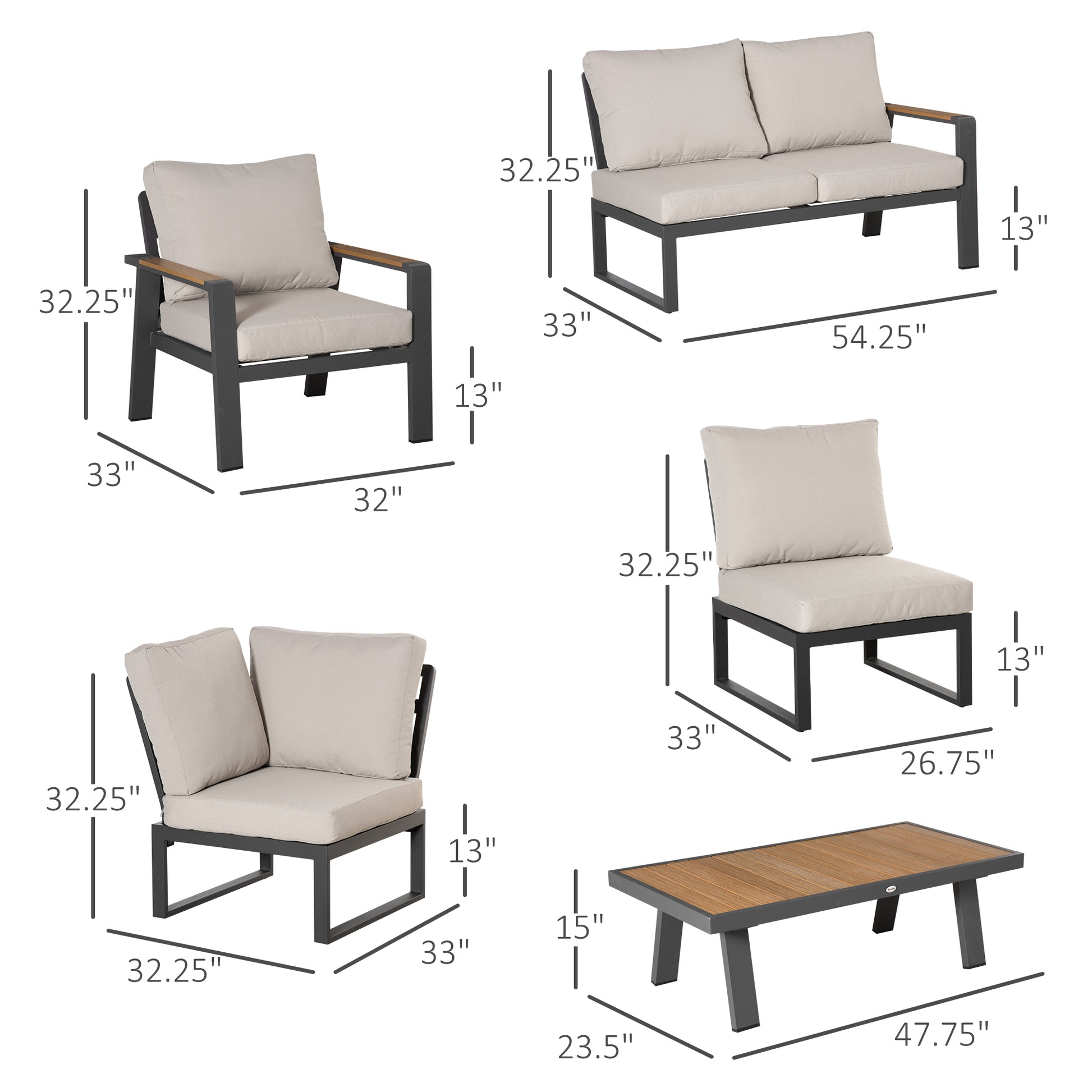 Aluminium 6-Piece L-Shaped Patio Furniture Set with Teak Coffee Table, Cream Patio Furniture Sets   at Gallery Canada