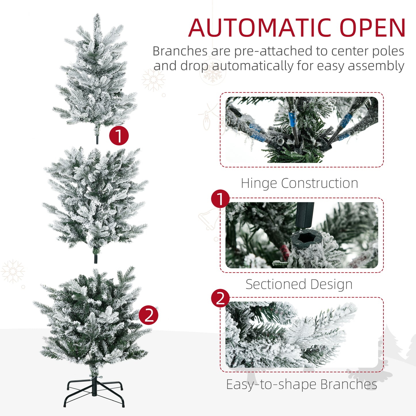 6' Artificial Flocked Christmas Tree with Snow Frosted Branches, Auto Open, Steel Base Pencil Christmas Trees   at Gallery Canada