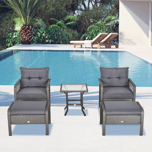 5 Pieces Wicker Patio Furniture Set with 4" Thick Cushions, Outdoor PE Rattan Conversation Set Bistro Set with Armchairs and Ottomans, Glass Top Table, Grey - Gallery Canada