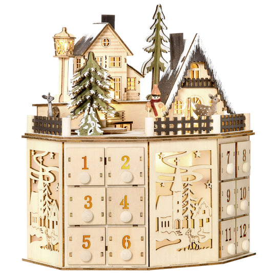 Wooden Christmas Advent Calendar, Lighted 24 Days Countdown to Christmas Table Decoration with Drawers for Kids and Adults, Battery Operated, Natural Christmas Advent Calendars Natural  at Gallery Canada