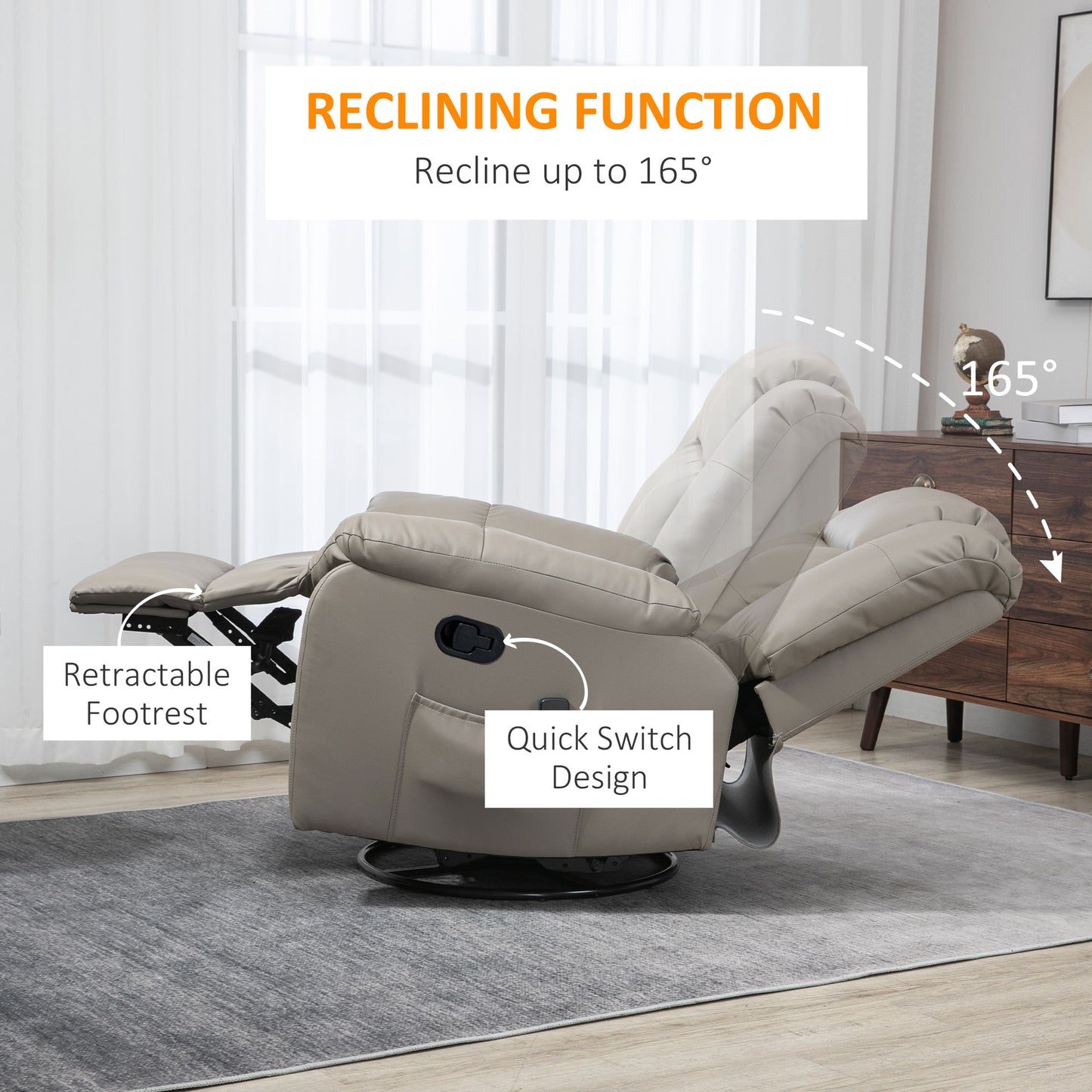 8-Point Vibration Massage Recliner Chair for Living Room, PU Leather Reclining Chair, Swivel Recliner with Remote Control, Rocking Function, Grey Single Sofas   at Gallery Canada