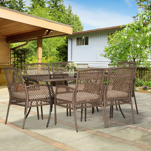 7 Pieces Wicker Patio Dining Set with Cushions, Outdoor PE Rattan Conversation Set with 1 Rectangular Glass Top Table and 6 Chairs, for Patio, Yard, Poolside, Beige - Gallery Canada