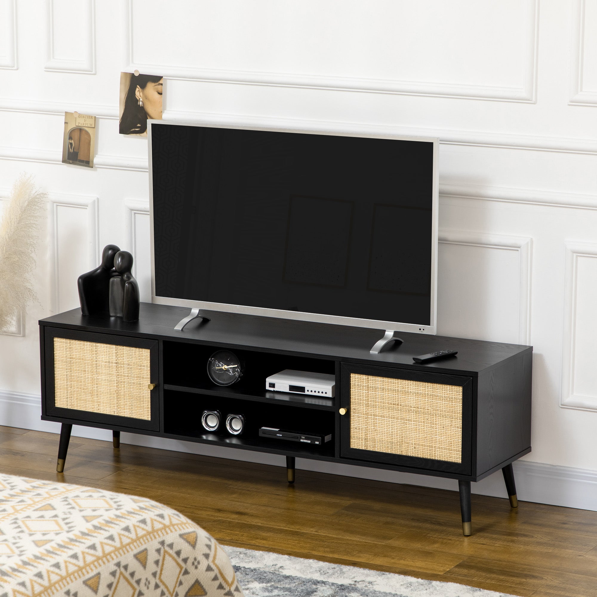 TV Stand with Storage, Rustic TV Console Table for TVs up to 55 Inches, Entertainment Centre with Shelves and Rattan Doors for Living Room TV Stands   at Gallery Canada