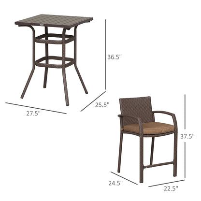 3 Pieces Outdoor Wicker Bistro Bar Set Garden PE Rattan Bar Table and Stools with Seat Cushion, Khaki Bistro Sets   at Gallery Canada