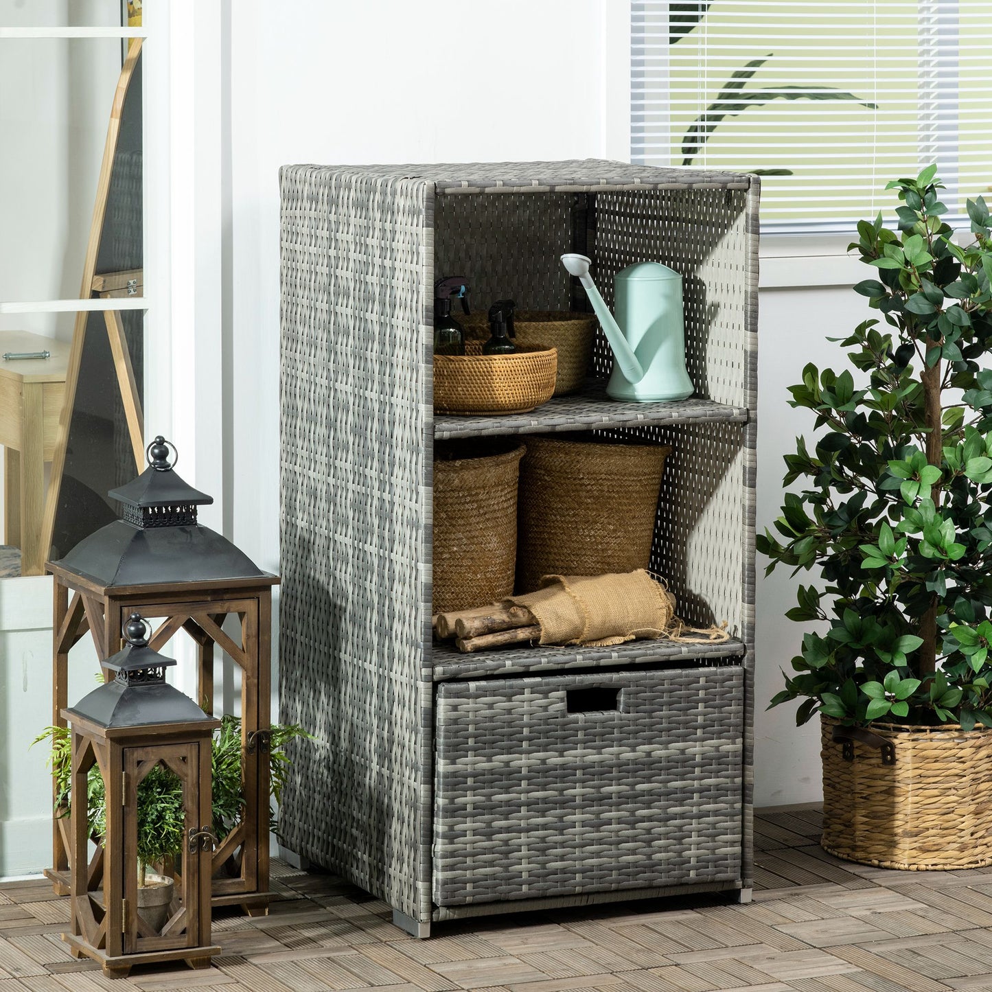 Rattan Wicker Outdoor Storage Cabinet with Shelf and Drawer, Mixed Grey Patio Storage Boxes   at Gallery Canada