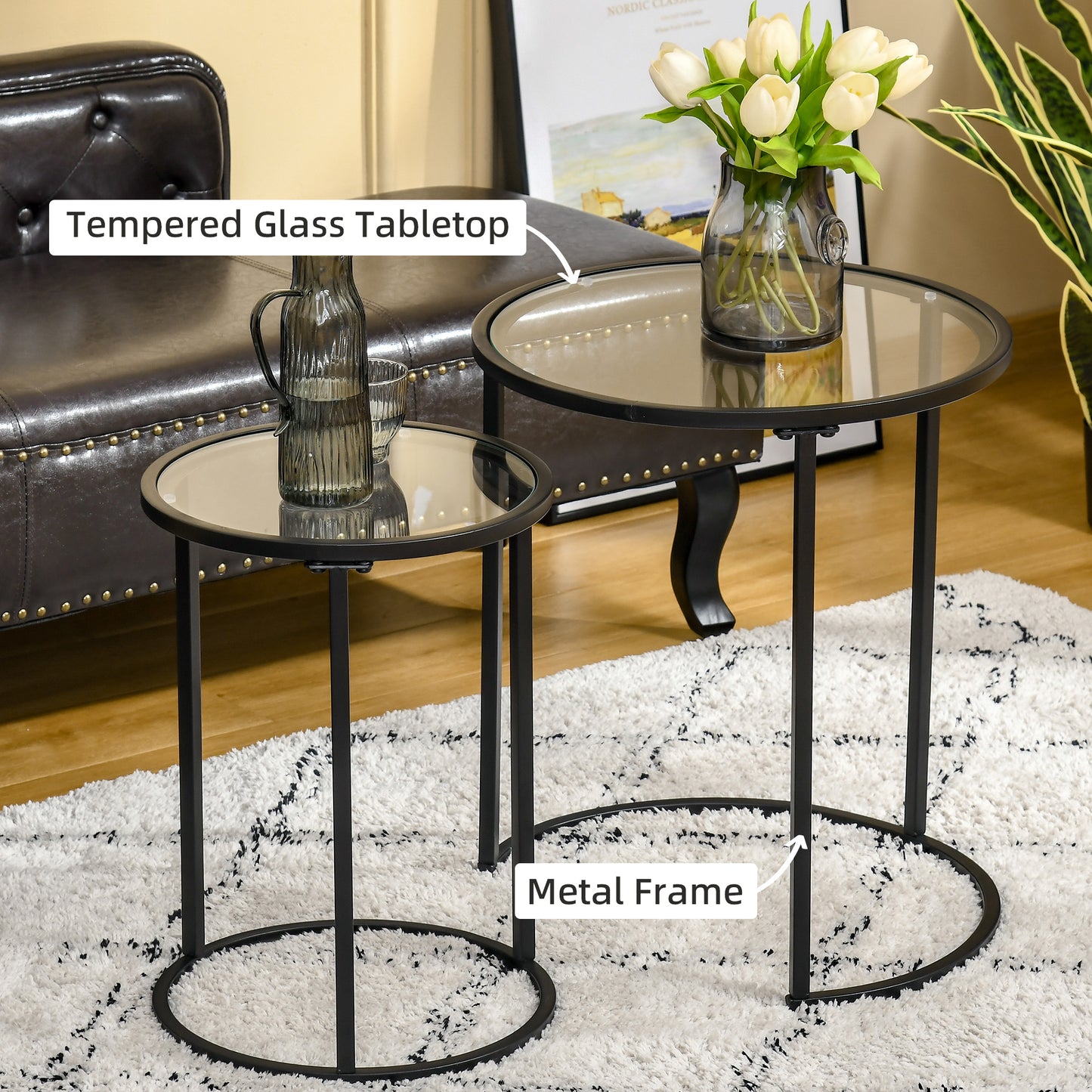 Set of 2 Nesting Coffee Tables with Metal Base, Round Side Table with Tempered Glass Tabletop for Living Room, Bedroom, Black Side Tables   at Gallery Canada