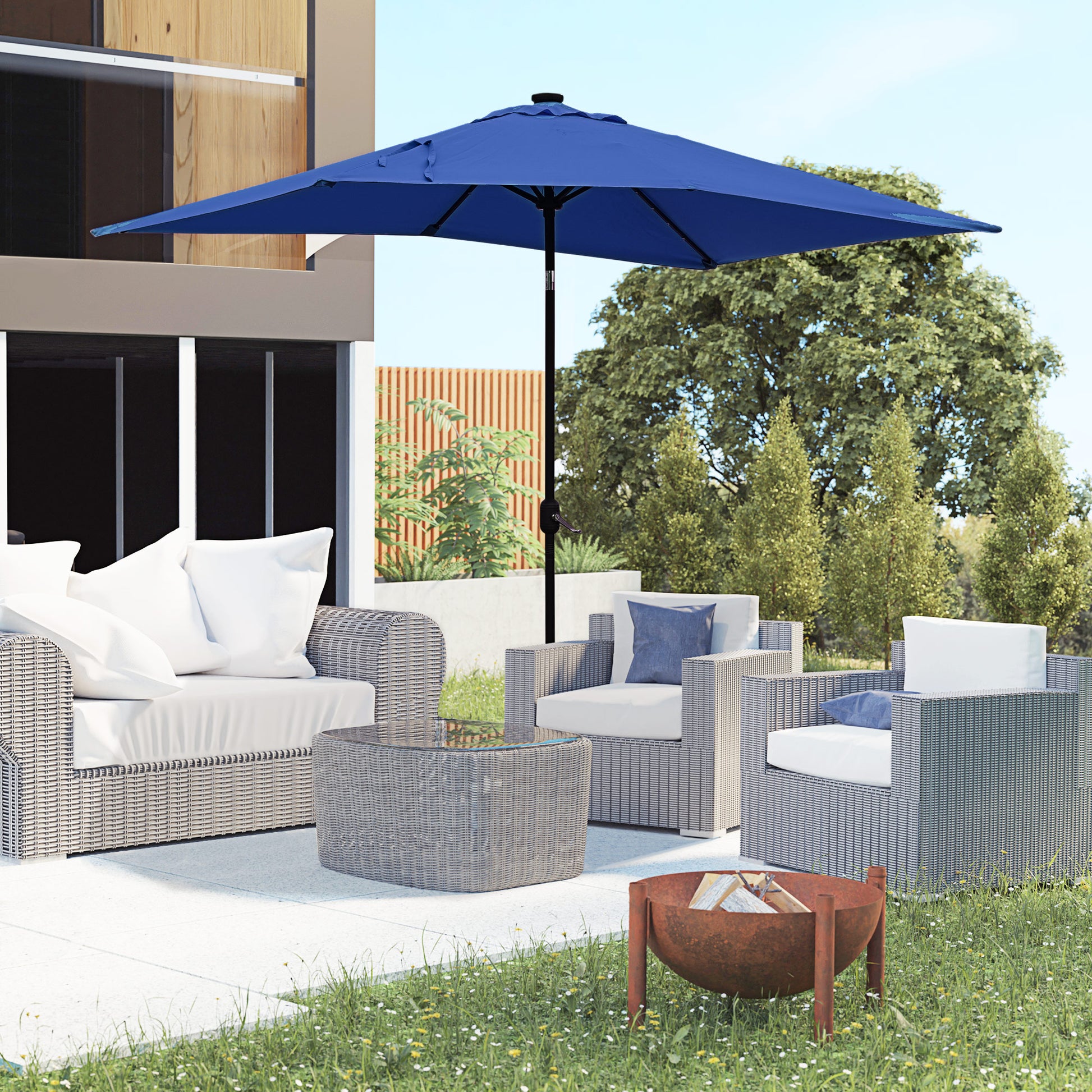 6' x 10' Patio Umbrella with 35 LED Solar Lights and Tilt, Rectangular Outdoor Table Umbrella with Crank, Dark Blue Sun Umbrellas   at Gallery Canada