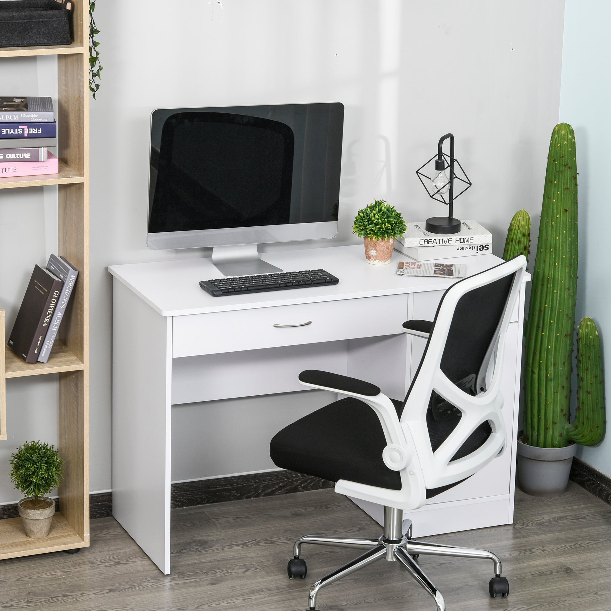 Computer Desk with Storage Drawers, Study Writing Table with Cabinet Adjustable Shelf for Home Office Workstation Bedroom, White Writing Desks   at Gallery Canada